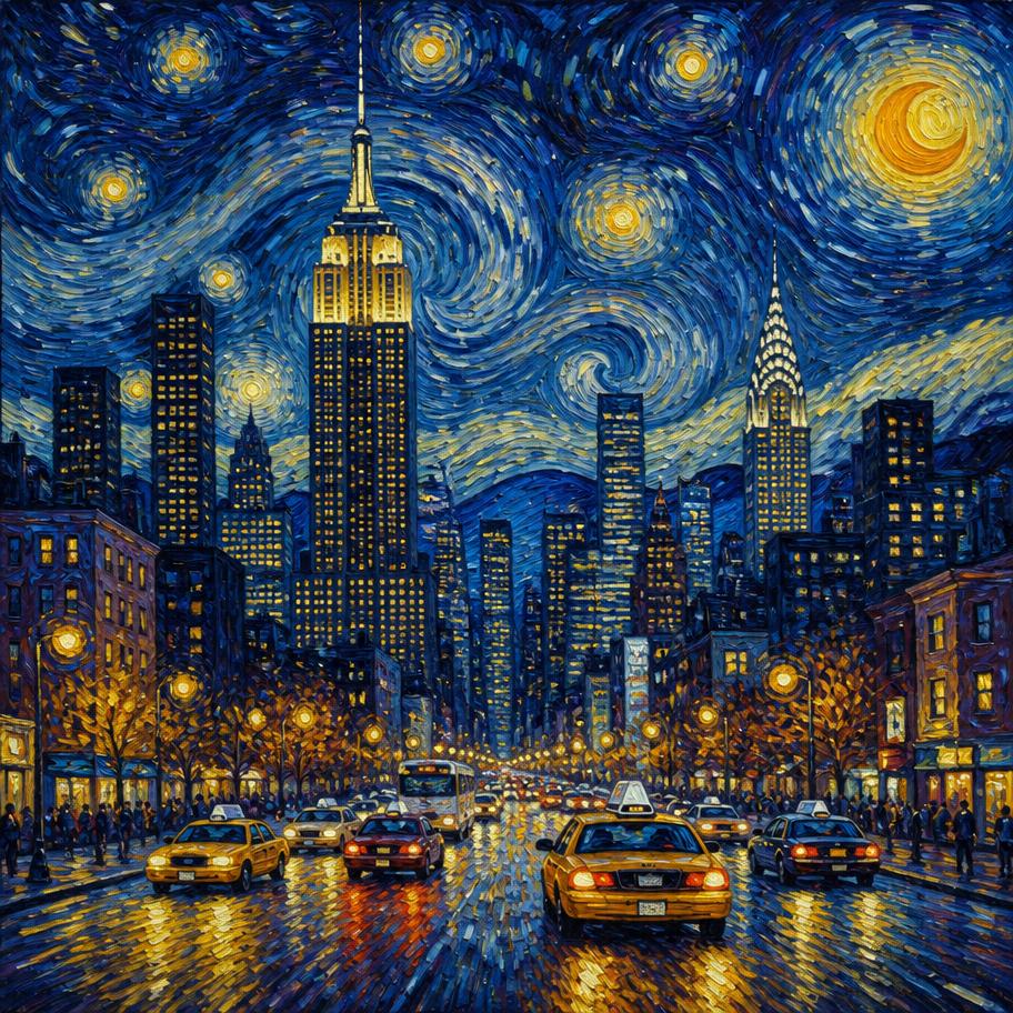 A painterly starry-night New York City artwork