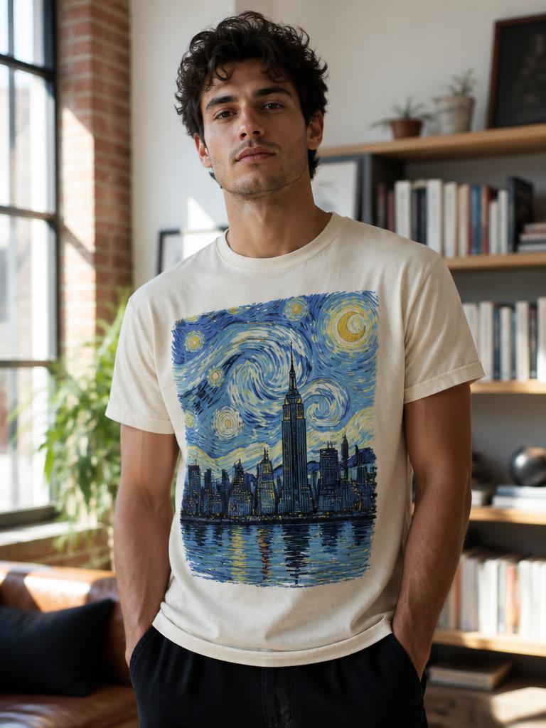 A creator wearing the same artwork printed on a cream t-shirt