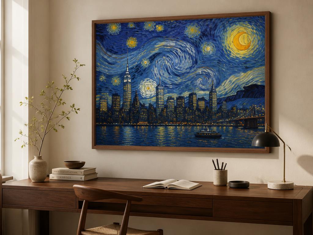The same artwork framed above a wooden desk in a sunlit studio